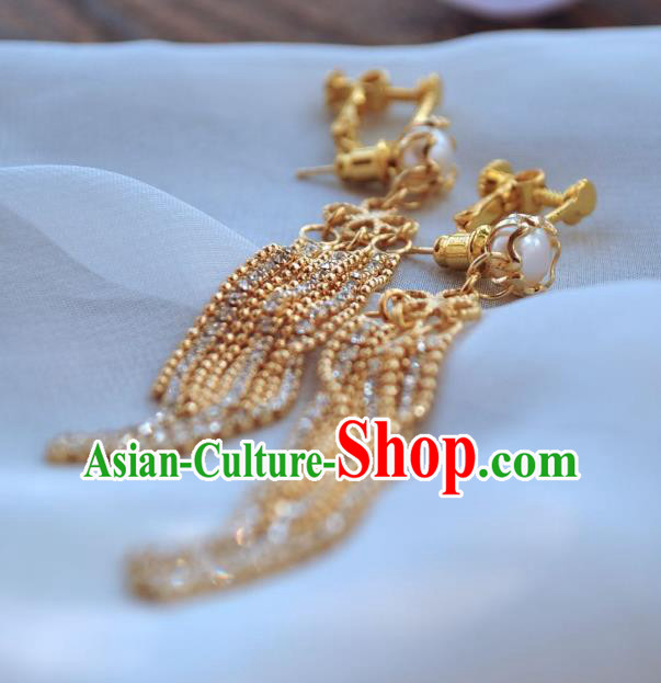 Chinese Traditional Hanfu Golden Tassel Earrings Ancient Princess Pearl Ear Accessories