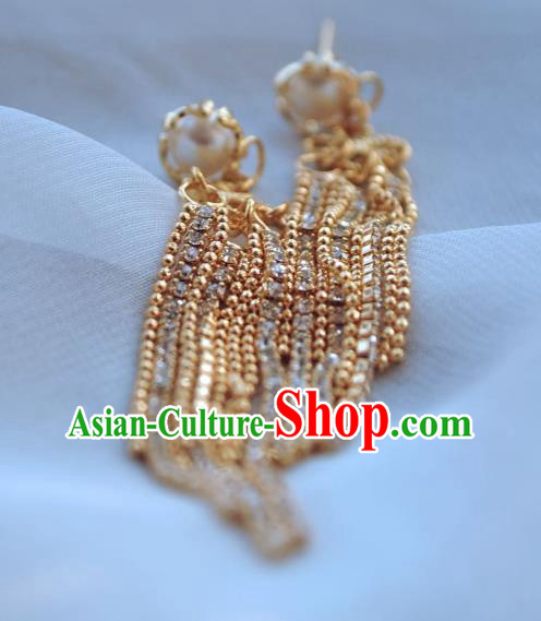 Chinese Traditional Hanfu Golden Tassel Earrings Ancient Princess Pearl Ear Accessories