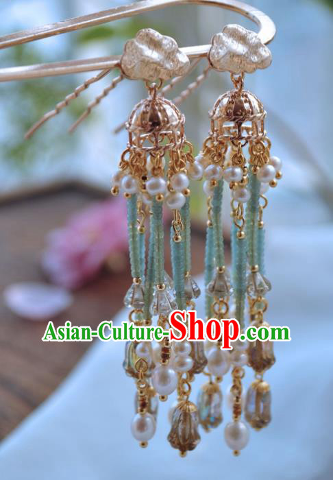China Handmade Hanfu Golden Hairpin Traditional Ancient Ming Dynasty Princess Pearls Tassel Hair Comb
