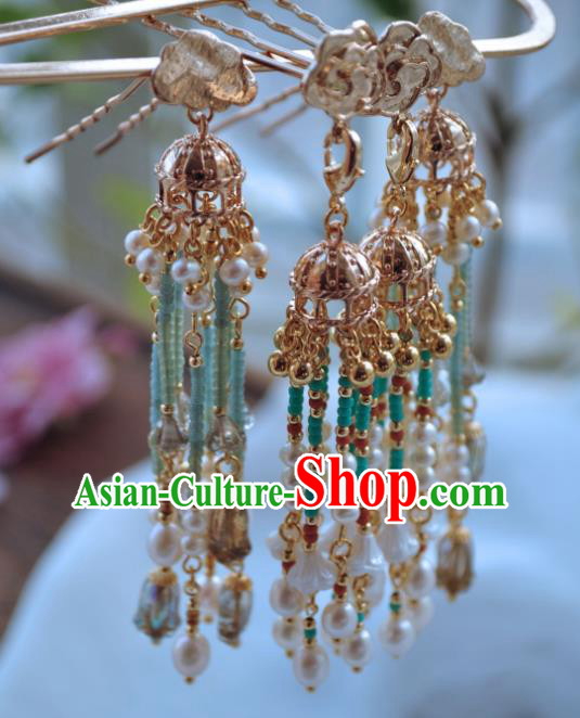 China Handmade Hanfu Golden Hairpin Traditional Ancient Ming Dynasty Princess Pearls Tassel Hair Comb