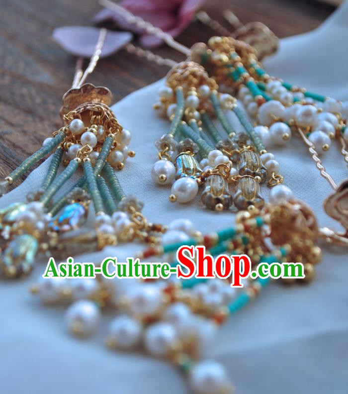 China Handmade Hanfu Golden Hairpin Traditional Ancient Ming Dynasty Princess Pearls Tassel Hair Comb