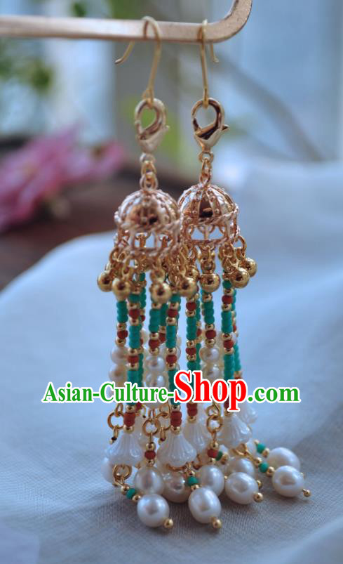 Chinese Traditional Hanfu Golden Earrings Ancient Princess Pearls Tassel Ear Accessories