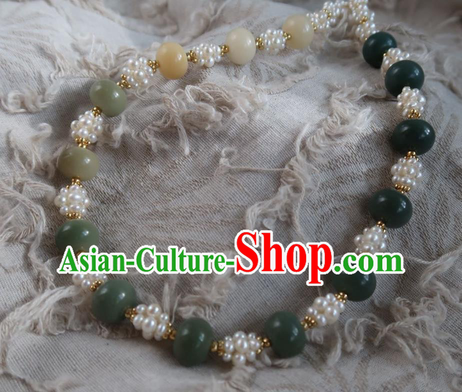 Handmade Chinese Ming Dynasty Pearls Necklet Accessories Traditional Hanfu Jade Beads Necklace