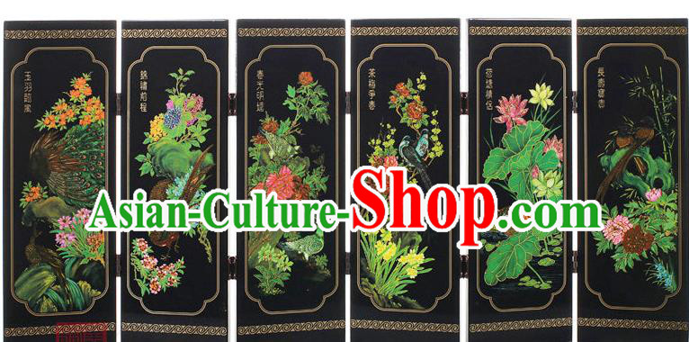 Chinese Traditional Flowers Birds Painting Folding Screen Handmade Lacquerware Black Table Screen