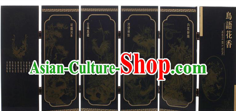 Chinese Traditional Flowers Birds Painting Folding Screen Handmade Lacquerware Black Table Screen