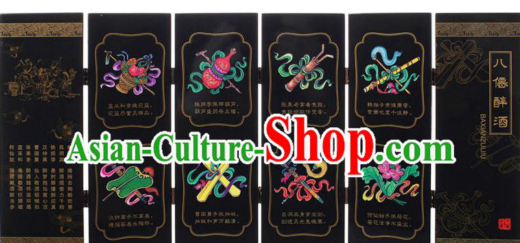 Chinese Handmade Lacquerware Black Table Screen Traditional Eight Immortals Drunkened Painting Folding Screen