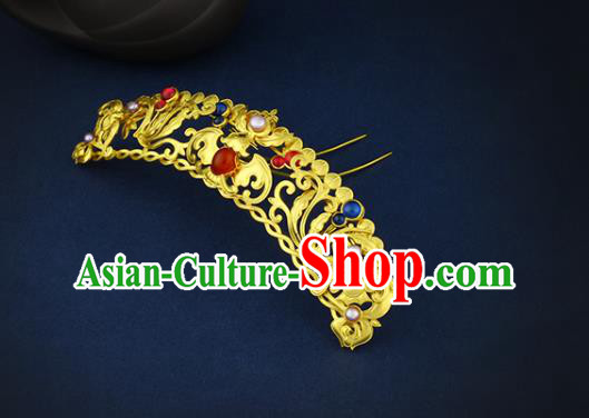 China Handmade Ming Dynasty Empress Golden Hairpin Traditional Ancient Queen Gems Hair Crown