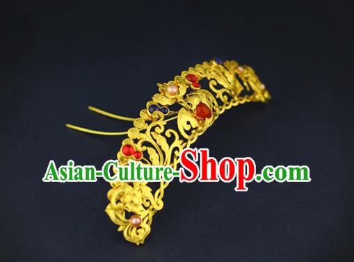 China Handmade Ming Dynasty Empress Golden Hairpin Traditional Ancient Queen Gems Hair Crown