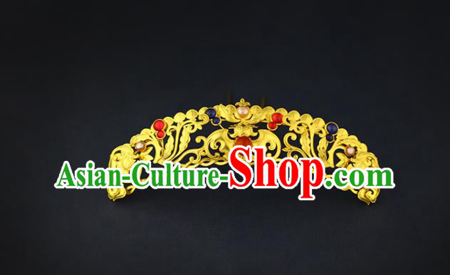 China Handmade Ming Dynasty Empress Golden Hairpin Traditional Ancient Queen Gems Hair Crown