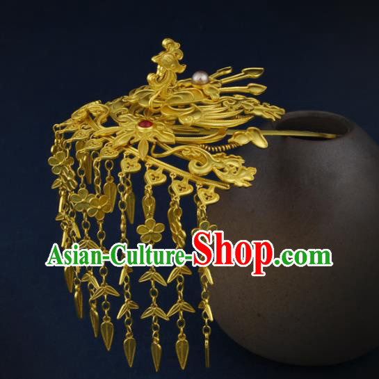 China Traditional Ancient Queen Golden Phoenix Tassel Hair Stick Handmade Ming Dynasty Empress Hairpin