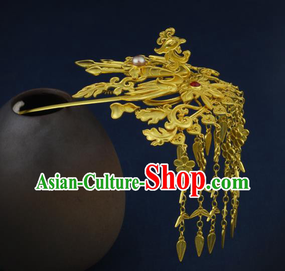 China Traditional Ancient Queen Golden Phoenix Tassel Hair Stick Handmade Ming Dynasty Empress Hairpin