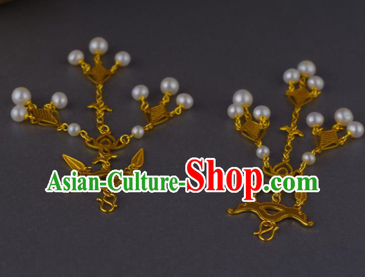 Chinese Traditional Tang Dynasty Pearls Tassel Earrings Ancient Court Woman Golden Ear Accessories