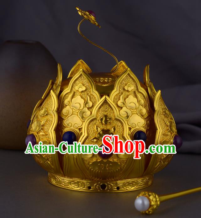 China Ancient Taoist Gems Headwear Handmade Traditional Ming Dynasty Priest Golden Lotus Hair Crown