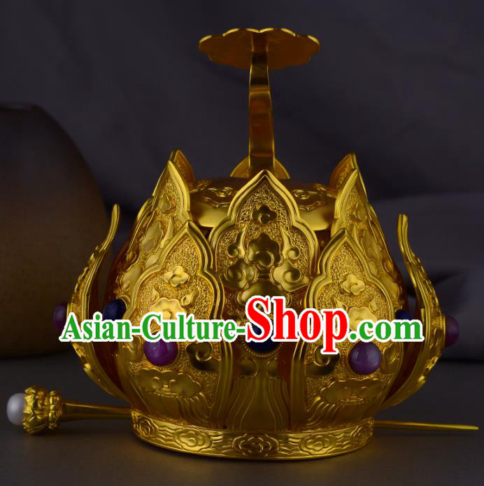 China Ancient Taoist Gems Headwear Handmade Traditional Ming Dynasty Priest Golden Lotus Hair Crown