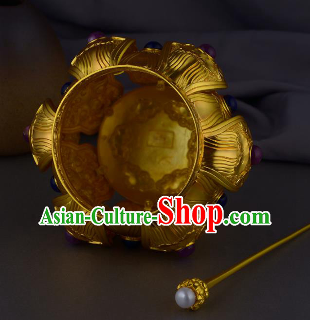 China Ancient Taoist Gems Headwear Handmade Traditional Ming Dynasty Priest Golden Lotus Hair Crown