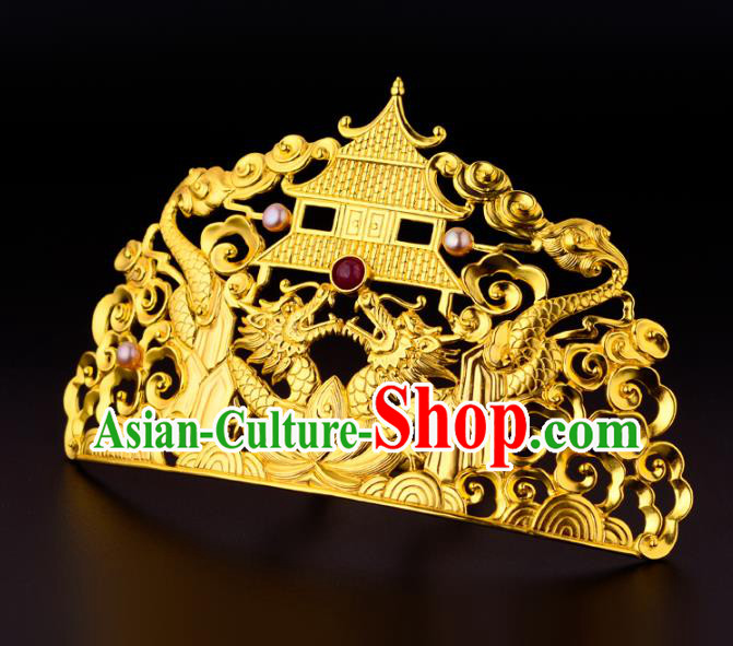 China Ancient Empress Golden Dragon Hairpin Handmade Traditional Ming Dynasty Court Gems Hair Crown