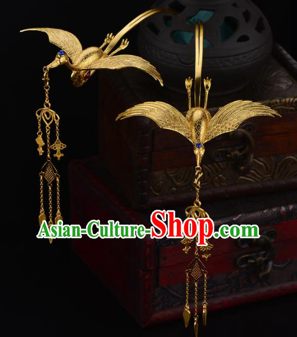 China Ancient Imperial Consort Tassel Hairpin Handmade Traditional Tang Dynasty Palace Golden Crane Hair Stick