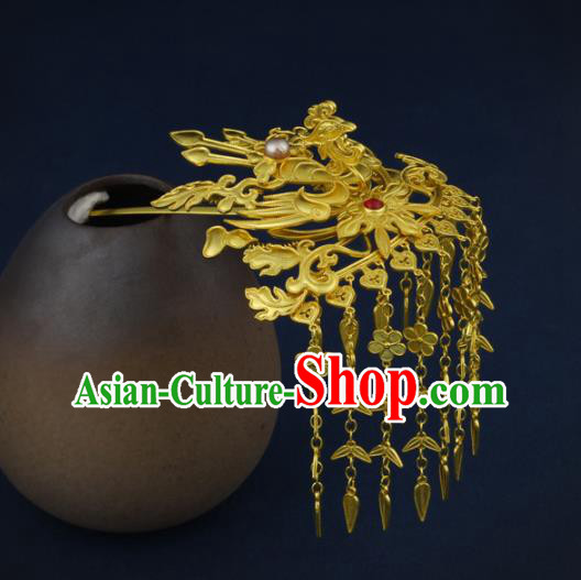 China Traditional Ancient Queen Golden Phoenix Tassel Hair Stick Handmade Ming Dynasty Empress Hairpin