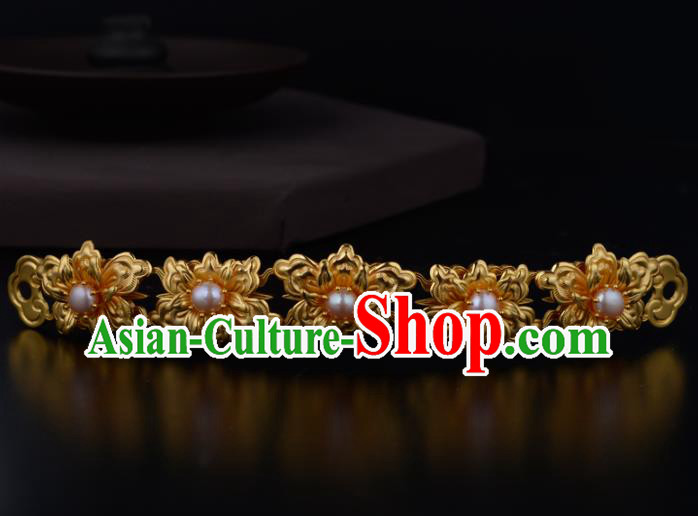 China Ancient Imperial Empress Golden Peony Hairpin Handmade Traditional Ming Dynasty Pearls Hair Stick