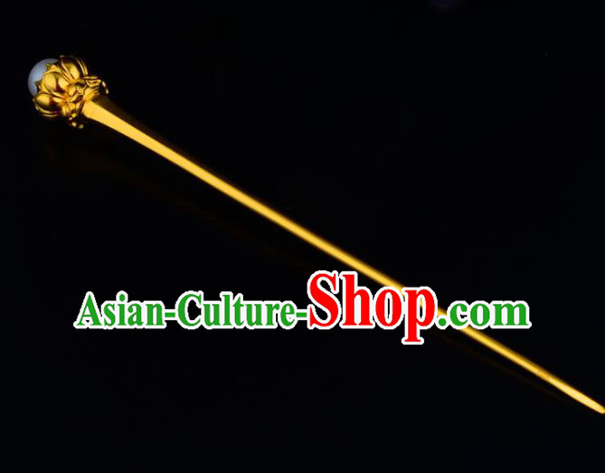 China Ancient Queen Pearl Hairpin Handmade Traditional Tang Dynasty Empress Golden Lotus Hair Stick