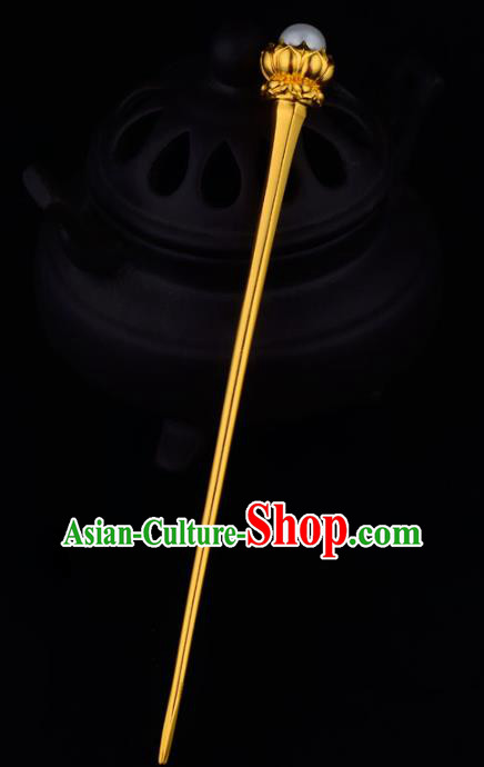 China Ancient Queen Pearl Hairpin Handmade Traditional Tang Dynasty Empress Golden Lotus Hair Stick