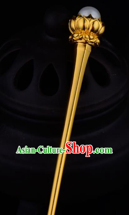 China Ancient Queen Pearl Hairpin Handmade Traditional Tang Dynasty Empress Golden Lotus Hair Stick