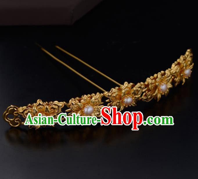 China Ancient Imperial Empress Golden Peony Hairpin Handmade Traditional Ming Dynasty Pearls Hair Stick