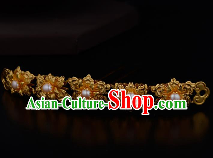 China Ancient Imperial Empress Golden Peony Hairpin Handmade Traditional Ming Dynasty Pearls Hair Stick