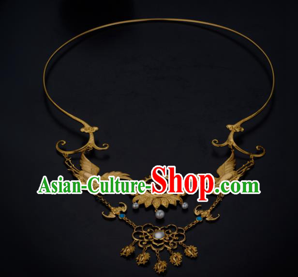 Chinese Ancient Princess Golden Crane Necklace Jewelry Traditional Ming Dynasty Necklet