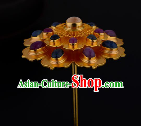 China Ancient Court Queen Golden Lotus Hairpin Handmade Traditional Ming Dynasty Gems Hair Crown