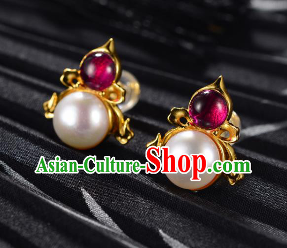 Chinese Traditional Qing Dynasty Court Pearl Earrings Ancient Empress Golden Gourd Ear Accessories