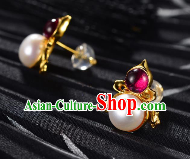 Chinese Traditional Qing Dynasty Court Pearl Earrings Ancient Empress Golden Gourd Ear Accessories