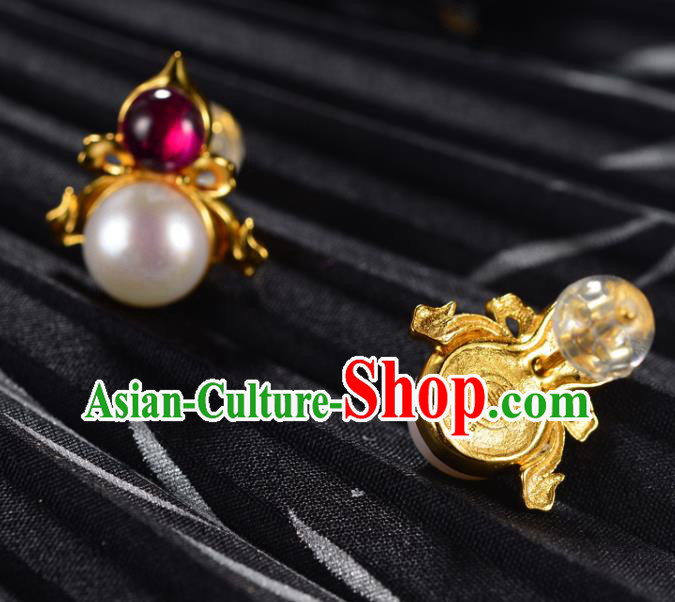 Chinese Traditional Qing Dynasty Court Pearl Earrings Ancient Empress Golden Gourd Ear Accessories