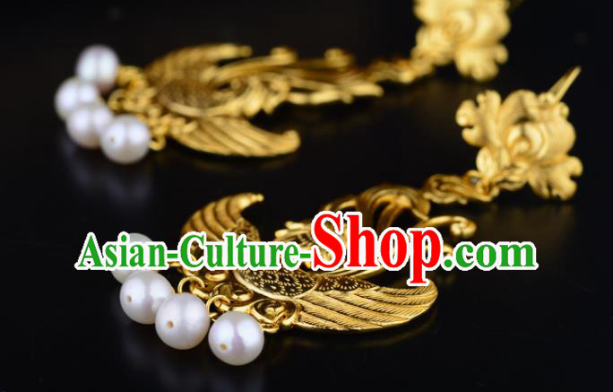 Chinese Traditional Tang Dynasty Pearls Tassel Earrings Ancient Queen Golden Phoenix Ear Accessories