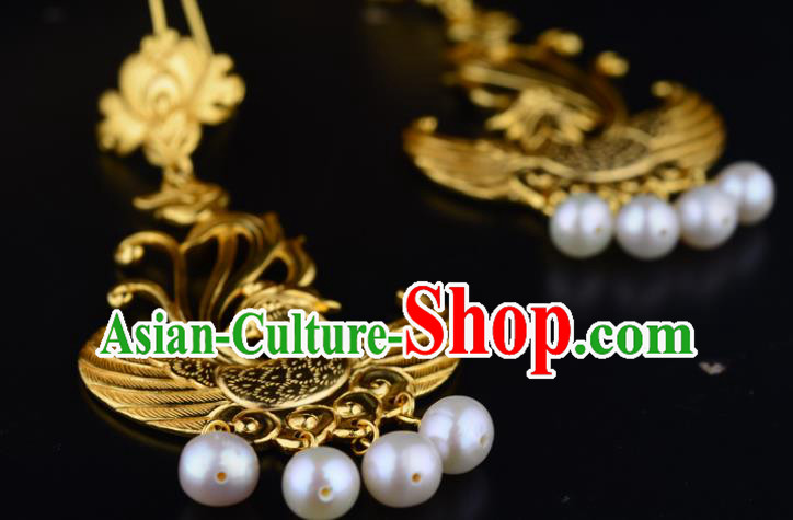 Chinese Traditional Tang Dynasty Pearls Tassel Earrings Ancient Queen Golden Phoenix Ear Accessories
