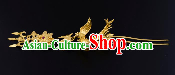 China Ancient Court Gems Hairpin Handmade Traditional Ming Dynasty Empress Golden Phoenix Hair Clip
