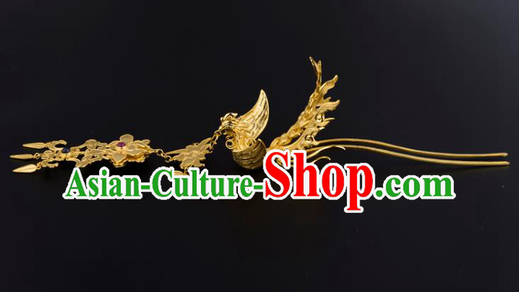 China Ancient Court Gems Hairpin Handmade Traditional Ming Dynasty Empress Golden Phoenix Hair Clip