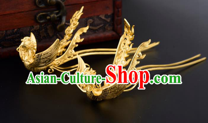 China Ancient Court Gems Hairpin Handmade Traditional Ming Dynasty Empress Golden Phoenix Hair Clip