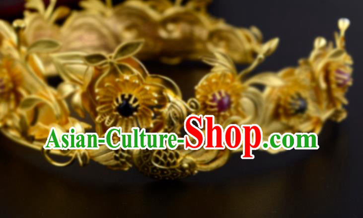 China Ancient Queen Chaplet Handmade Traditional Ming Dynasty Empress Golden Peony Hair Crown
