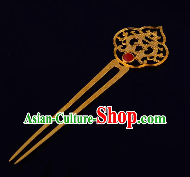China Ancient Empress Ruby Hairpin Handmade Traditional Tang Dynasty Queen Golden Hair Stick