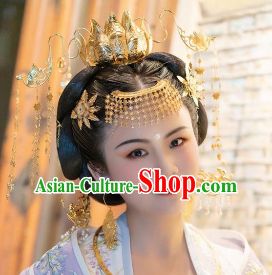 China Ancient Palace Lady Hairpin Handmade Traditional Song Dynasty Empress Golden Tassel Hair Comb