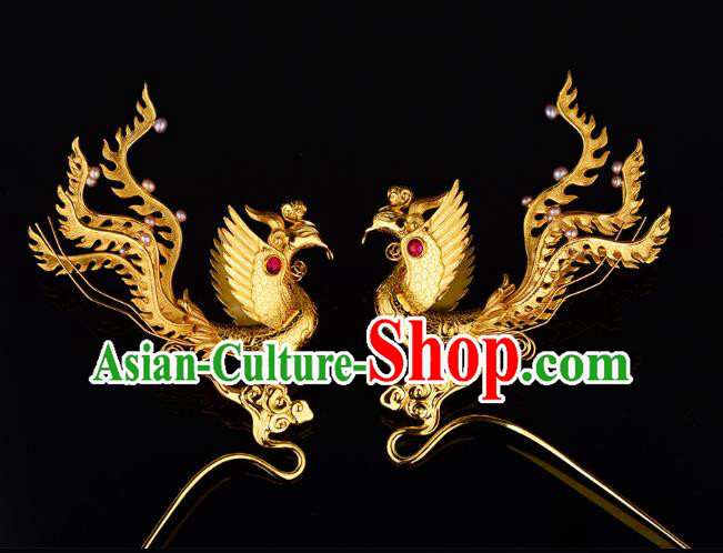 China Ancient Court Woman Hairpin Handmade Traditional Ming Dynasty Empress Golden Phoenix Hair Stick