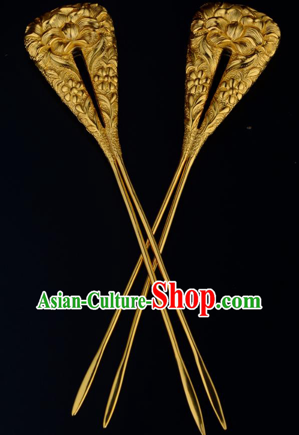 China Ancient Court Lady Hairpin Handmade Traditional Song Dynasty Empress Golden Peony Hair Stick