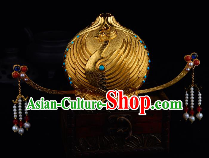 China Ancient Court Beauty Phoenix Coronet Handmade Traditional Tang Dynasty Palace Princess Golden Hair Crown