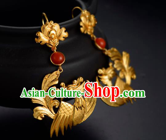 Chinese Traditional Ming Dynasty Agate Earrings Ancient Court Lady Golden Phoenix Ear Accessories