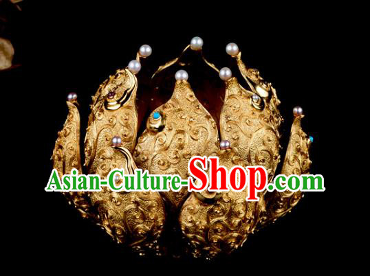 China Ancient Empress Pearls Chaplet Handmade Traditional Ming Dynasty Golden Lotus Hair Crown