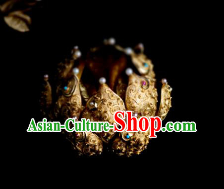 China Ancient Empress Pearls Chaplet Handmade Traditional Ming Dynasty Golden Lotus Hair Crown