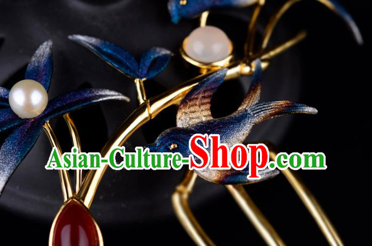 China Ancient Palace Lady Hairpin Handmade Traditional Ming Dynasty Princess Blue Swallow Hair Comb