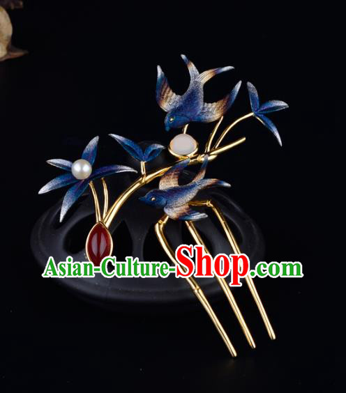 China Ancient Palace Lady Hairpin Handmade Traditional Ming Dynasty Princess Blue Swallow Hair Comb