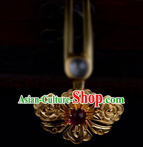 China Ancient Court Empress Ruby Hairpin Handmade Traditional Ming Dynasty Golden Peony Hair Stick